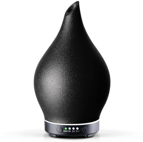 Porseme Aroma Diffuser 150ml, Handgeblasen Keramik Luftbefeuchter, Ultraschall Aromatherapie Öle Diffusor mit 7 farbigem LED Licht, Diffusor für Ätherische Öle mit Timer BPA Frei für Wohnung (Black)