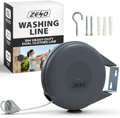 ZENO Retractable Washing Line 15M | Heavy Duty Dual Clothes Line with Automatic Retraction | Wall Mounted Laundry Airer for Indoor and Outdoor Use | Compact Space Saving Design | 15KG Capacity Grey