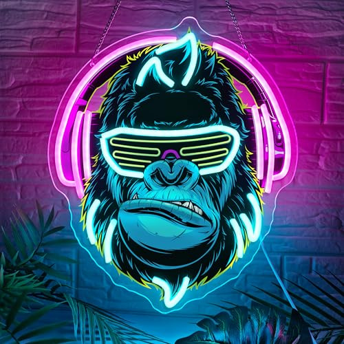 GGAQQ Cool Gorilla Neon Schild Gaming Zimmer Neonlicht | UV Design; Wild Tier mit Kopfhörern und Sonnenbrille Wanddekor für Jugendzimmer Spielzimmer Schlafzimmer Wohnzimmer