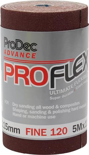 ProDec Advance 5-m-Rolle, Körnung 120, feine, ProFlex, ultraflexibles, rissbeständiges Aluminiumoxid-Schleifpapier zum Schleifen von Holz, Farbe, Putz, Spachtelmasse, Metall und mehr