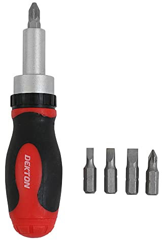Dekton Ratchet Screwdriver Set-Screwdriver with 3 Way Ratchet | Bit Storage in Handle | Ergonomic Anti Slip Handle | Ultra Strong Cr-v | 5 Bits: 25mm Flat 4mm, 5mm, 6mm,25mm| Pozi: Pz1, Pz2| Durable