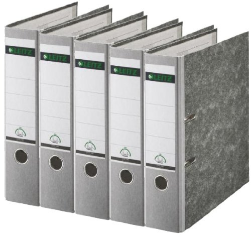Leitz Qualitäts-Ordner 180°, A4, 100% recycelter Karton, Schmal, 5,2 cm Rückenbreite, Wolkenmarmor-Papier (Breit, Grau, 5 Ordner)