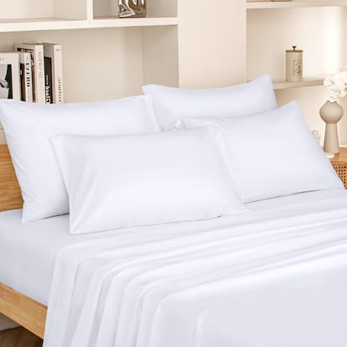 HOMEIDEAS Double White Sheets, Extra Soft Bed Sheets Brushed Microfiber Fabric Sheets Set, Wrinkle & Fade Free - Flat Sheet, Fitted Sheet with 2 Pillowcases