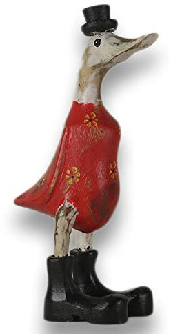 ART-CRAFT Anatra in legno, decorazione da giardino, statuetta in legno di bambù e teak, con stivali e cappello, rosso anticato, altezza 25 cm