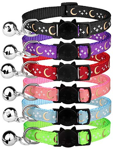 6 PCS Breakaway Cat Collars with Bell Golden Moon Glowing Star in The Dark for Kitten