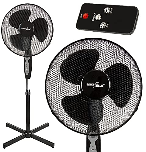 Green Blue GB580 Ventilateur sur pied avec télécommande 40 W 3 niveaux de vitesse 40 cm Faible niveau sonore Oscillation Ventilateur de sol avec minuterie 7,5 h Noir
