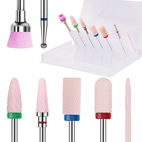 Kredioo Punte Fresa Unghie in Ceramica, 7pcs Nail Drill Bits Set per Rimozione Gel/Smalto/Cuticole & Ricostruzione Unghie, 3/32 Standard Universale, Manicure e Pedicure