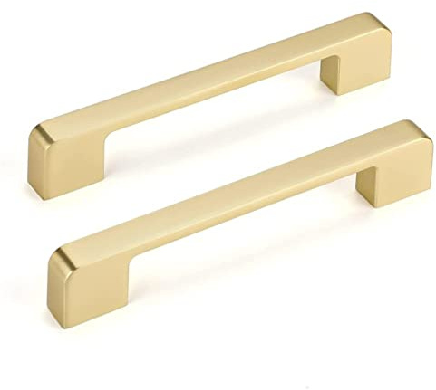 LONTAN 10 Pack Square Gold Drawer Handles, 160mm Hole Centers Brushed Gold Zinc Alloy Cupboard Handles for Kitchen Cabinet Doors