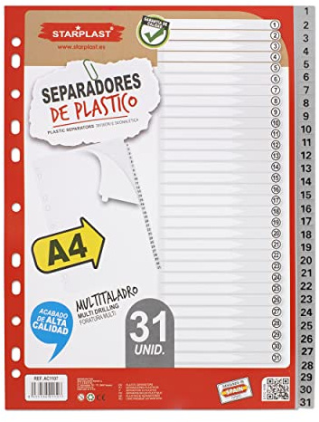 Starplast Pack 31 Separadores Grises - Para Carpeta o Archivador 2-4 Anillas, Numérico 1-31, Organizadores, Polipropileno, Índice, Multitaladro, Clasificador, uso Escolar o de Oficina.