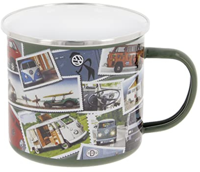 BRISA VW Collection - T1 Bulli Bus Kaffeebecher Emailletasse 500 ml | Volkswagen Teetasse mit Henkel, Geschenkkarton Retro Vintage Küche Camping Robust, Emailliertes Stahlblech, Stamps/Bunt