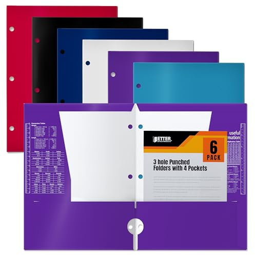 Better Office Products 4 Pocket Glossy Laminated Paper Folders (6 Pack), 3 Hole Punch Portfolios, Assorted Colors,(Primary Colors)