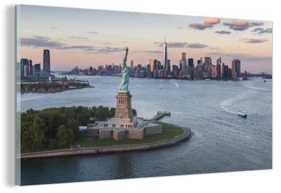 MuchoWow Glasbild Glasfoto Wandbild Bilder Deko 80x40 cm New York - Freiheitsstatue - Skyline