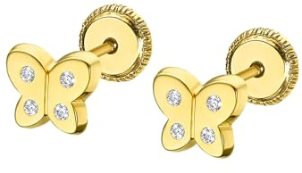 TIME ROAD Pendientes Bebé Niña de Oro 9K VJ00003/6 - Cierre Seguro de Rosca - Pendientes de Mariposa 6 mm - Infantil 3, 6, 12 a 24 meses - Ideal como Regalo de Nacimiento, Bautizo o Cumpleaños
