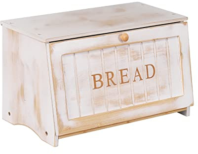 HOMEKOKO Vintage Large Wood Bread Box for Kitchen Counter, Retro Design Single Layer Bamboo Large Capacity Food Storage Bin (White)