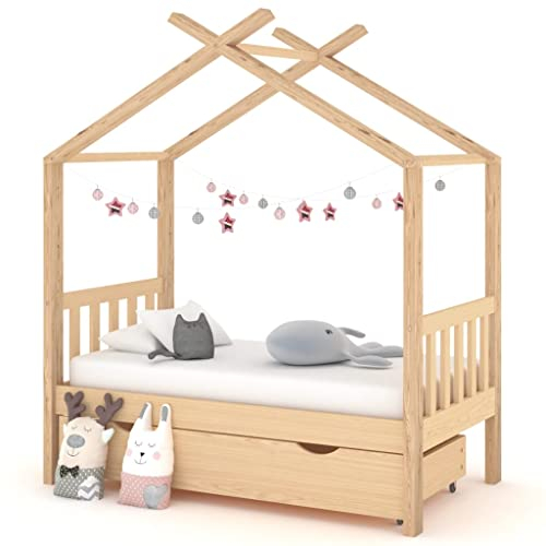 WIFESE Kinderbett mit Schublade Massivholz Kiefer 70x140 cm Holz Krippe Kinder Bett Vorhang Hausbett Hausbett Kinder Kinderbett Mädchen Jungen Kinderbett Baumhaus-Stil Elegant Gestaltet