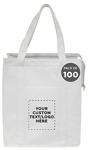 DISCOUNT PROMOS Custom Non-Woven Insulated Tote Bags Set of 100, Personalized Bulk Pack - Reusable, Great for Picnic, Camping, Beach, Outdoor Activities - White
