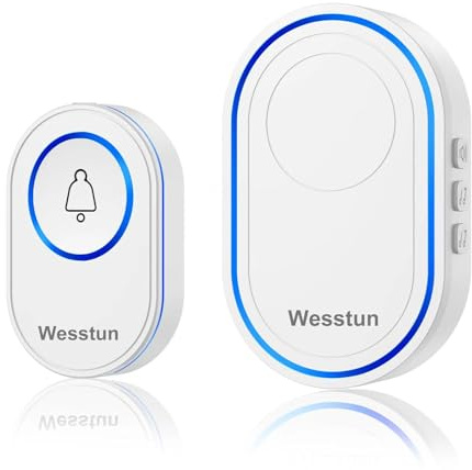 Wesstun Wireless Doorbell, Waterproof Door Bells Wireless Cordless Kits with 39 Loud Chimes & 5 Levels Volume Adjust, Doorbell Wireless Transmitter Battery Operated Easy Install at Home, White
