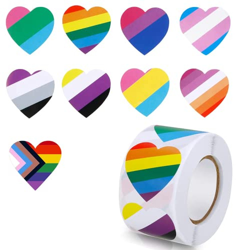XINDY Gay Pride Stickers, 500 Pcs LGBT Pride Heart Stickers Roll Rainbow Stickers Labels Progress Pride Lesbian Bisexual LGBTQ Sticker Gay Pride Accessories for Gay Pride Gift Scrapbooking Decoration