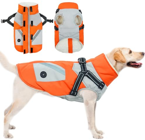 Hundemantel Winter, Winterjacke Hund mit Geschirr Hunderegenmantel Winter Hundepullover Fleece Hundemantel Wasserdicht Warm(Orange, M)