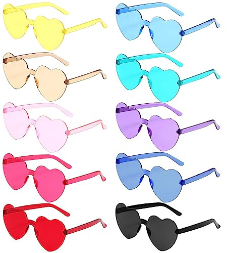 Meleager Randlose Herz Brille, Herzförmige Sonnenbrille Mehrfarbig, 10 Stück Sonnenbrillen Set Party, Vintage Herzform Brille, Hippie Brille Herz 90er, für Party, Hochzeit, Karneval, Halloween