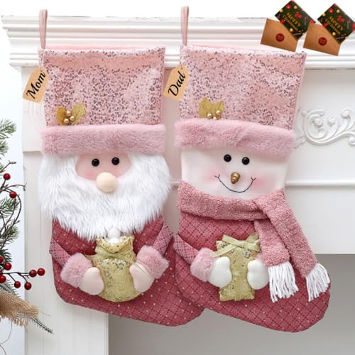 MOJDIOSM 2 Pack Pink Christmas Stockings with Gold Glitter 20 Inches Large Size 3D Santa Claus/Snowman Doll Xmas Stockings for Family Christmas Ornaments for Stairs Fireplace Hanging Decor