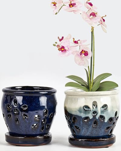 Vensovo 10 cm Keramik-Orchideentöpfe Mit Drainagelöchern Und Untersetzer, 2 Stück Kleine Pflanzentöpfe Für Orchideen Und Sukkulenten, Für Innen- Und Außenbereich (Blau, Blau Gemischt)