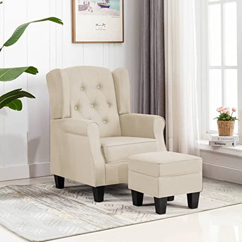 Homgoday Sessel mit Fußhocker Fernsehsessel Loungesessel Relaxsessel Fernsehsessel TV-Sessel Einzelsofa Lesesessel Ruhesessel Einzelsessel für Schlafzimmer Wohnzimmer Creme Stoff