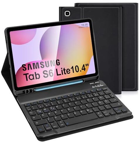 LAMA Samsung Galaxy Tab S6 Lite Hülle mit Tastatur - Deutsches QWERTZ Layout, Kabellose Tastatur Hülle für Tab S6 Lite 10,4“ (2024/2022/2020), Bluetooth Tastatur Hülle, Schwarz