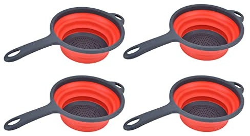 Scolapasta Pieghevole con Manico, Palmare 4 Pezzi Rotondo Innocuo Salvaspazio Cestello Setaccio Pieghevole Ergonomico con Foro per Appendere per Pasta Verdure Frutta (Rosso)