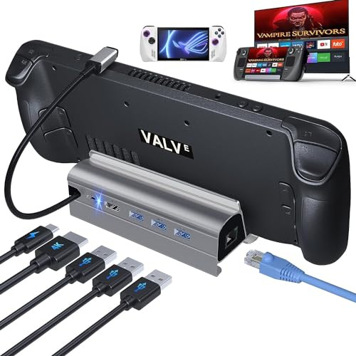 Mokeum Estación de acoplamiento compatible con Steam Deck, 6 en 1 USB C Hub Deck Dock HDMI 2.0 4K @60Hz, 1000M Gigabit Ethernet, 3 USB-A 3.0 y puerto USB-C de carga de velocidad completa para válvula