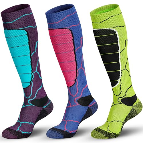 Hylaea Merino Wool Ski Socks - Knee High for Snowboarding, Snow Winter Thermal Warm, Hunting, Outdoor Sports - Multi Colors 3 Pairs Medium