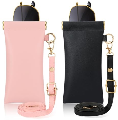 2Pz Custodia Occhiali Morbida Pelle Portatile Viaggio Squeeze Top Gancio Cordino - Astuccio Occhiali Vista Donna