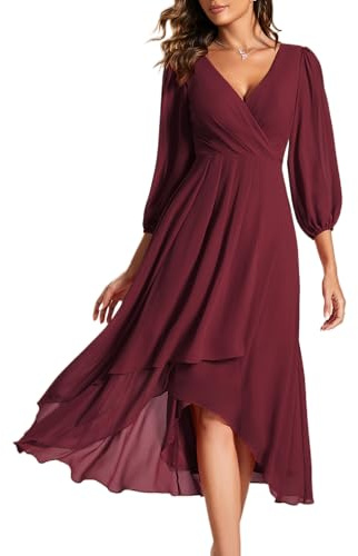Ever-Pretty Wedding Guest Dresses for Women V-Neck 3/4 Sleeves Evening Dresses for Women Elegant Burgundy 12