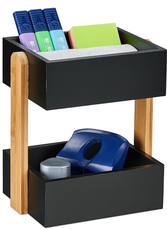 Relaxdays Schreibtisch Organizer, 2 offene Fächer, Bambus & MDF, Aufbewahrungsbox Büro, HBT 25x22x16,5 cm, schwarz/Natur