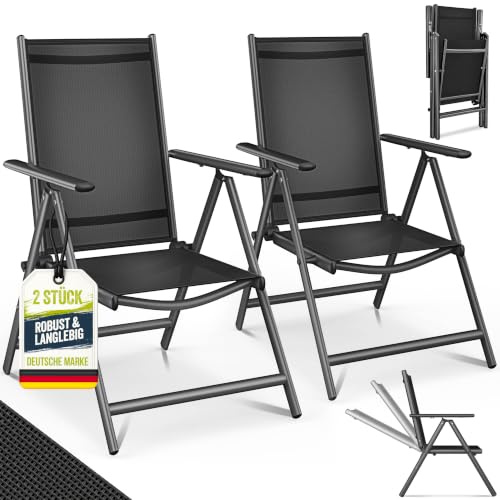 tillvex® Gartenstuhl 2 Stück klappbar mit Armlehnen | 7-Fach Verstellbar | Hochlehner Klappstuhl aus Aluminium | Campingstuhl Klappbar, Wetterfest & Atmungsaktiv | Gartenstühle Balkon Garten Terrasse