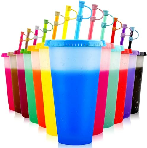EASEVE 12 Piezas vasos de 24 onzas que cambian de color, con tapa y pajita - Vasos de plástico reutilizables para café helado, vasos para fiestas de adultos, vasos de viaje (con Tapa de Pajita)