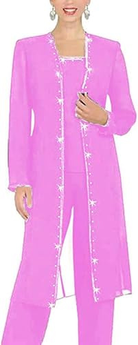 Leader of the Beauty 3 pezzi chiffon perline pantaloni abiti madre della sposa pantaloni abiti con giacca lunga per le donne formale, Lilla, 62