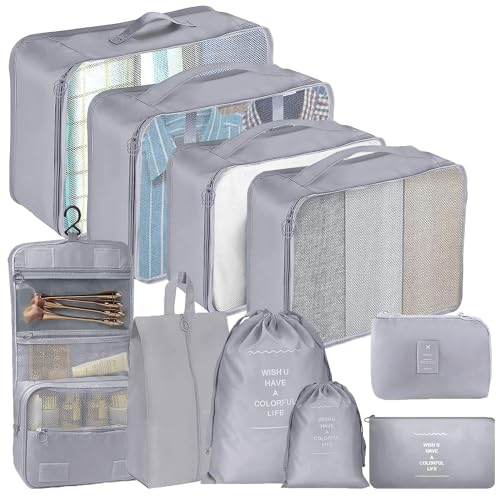10 Teilige Grau Koffer Organizer Set, Packing Cubes Travel Organizer Packwürfel Reise Organizer Set, Organizer Koffer Reiseorganizer Set für Koffer Rucksack Handgepäck