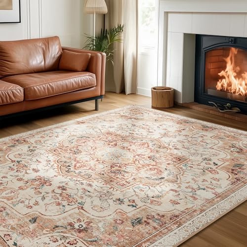 SONGMICS Wohnzimmerteppich Waschbar rutschfest, Boho, 80 x 150 cm | Kurzflor Teppich Faltbar, Dekoration für Schlafzimmer, Cappuccinobeige, Verina Kollektion TAR037K01