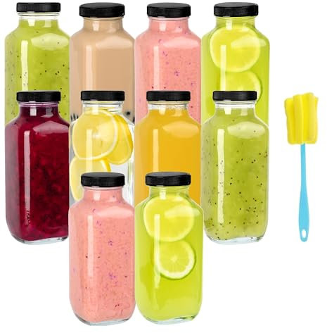 Benestanti 10 Pack 16oz Glass Juice Bottles with Lids - Reusable Juicing Bottles Glass Drinking Jars Containers with Airtight Lids & Cleaning Brush - Perfect for Juicing,Milk,Kombucha, and Storage