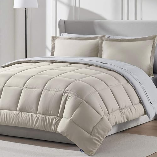 Nestl Queen täcke set 7 delar – vändbart täcke queen size beige, säng i en väska drottning hela säsongen, queen size täcke set sängkläder med lakan och dra-på-lakan, örngott och örngott