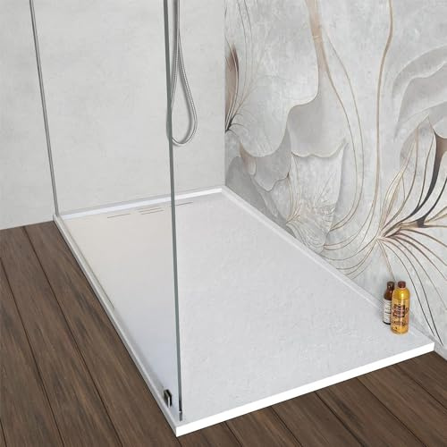 Piatto doccia 80x150 cm bianco effetto pietra in resina, spessore 3 cm e scarico con canalina, riducibile su misura ARGO