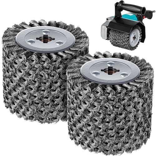 Teenyyou 2 Pack 4.7 x 4 Twisted Steel Wire Wheel Multi Surface Texturing, 0.02 Wire Brush Drum Surface Conditioning Tool for Metal Removing Rust Wood Grain Restoration 3/4 Quad Keyway