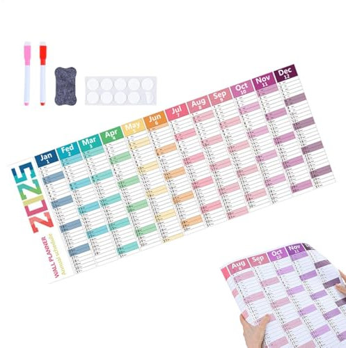 Wandkalender 2025, 12 Monats Nass und trocken löschbar Groß Kalender Jahresplaner mit Stift und Radiergummi, Querformat, gefaltet Wandplaner, Plakatkalender, Monatsplaner, Familienkalender