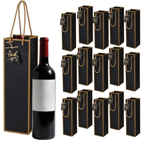 15 stycken presentpåsar flaskor, papper flaskpåsar vinpåsar med etiketter, vinflaskor förpackning vinpresentpåse vinarrangör vinflaskpåse med handtag för jul bröllop fest (svart)