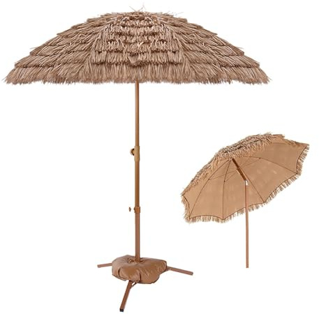 WATAOW Grande Ombrellone da Spiaggia/Parasole da Patio Inclinato/ombrellone di Paglia/8 Stecche/Pieghevole/Resistente Ai Raggi UV/con Base/per Giardino/Piscina/Esterno(1.6m/5.2ft)