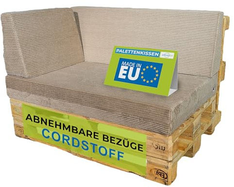 Pillows24 Palettenkissen 3er Set aus Cord, Abnehmbarer Bezug | Sitzkissen & Rückenkissen für Europaletten 120x80, Weiche Palettenauflage für Haus, Garten, Balkon, Made in EU, Cappuccino