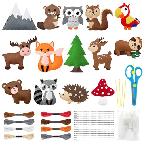 JTgugu 14 Stück Nähset Kinder DIY Filz Bastelset Tiere Nähen ab 6 Jahre Waldtiere Sewing Kit Filztiere Set Waldtiere Art Craft Handwerk Tierformen Kuscheltiere Geschenke für Anfänger Jungen Mädchen