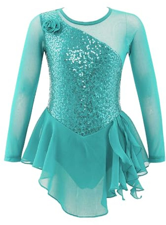 Vxuxlje Eiskunstlauf Kleid Mädchen Langarm Glitzer Ballettkleid Rollkunstlauf Kürkleid Gymnastikanzug Ballettanzug Tanztrikot