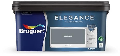 Bruguer Elegance Pintura Monocapa Extra Mate para Paredes y Techos, Interior y Exterior protegidos, Ultra Lavable, Resistente al Desgaste y Manchas, Con conservante Antimoho, Gris Sombra 4 L